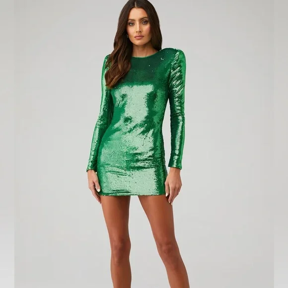 Bardot Long Sleeve Green Sequin Mini Dress Sz 12 Alessia - Picture 1 of 6